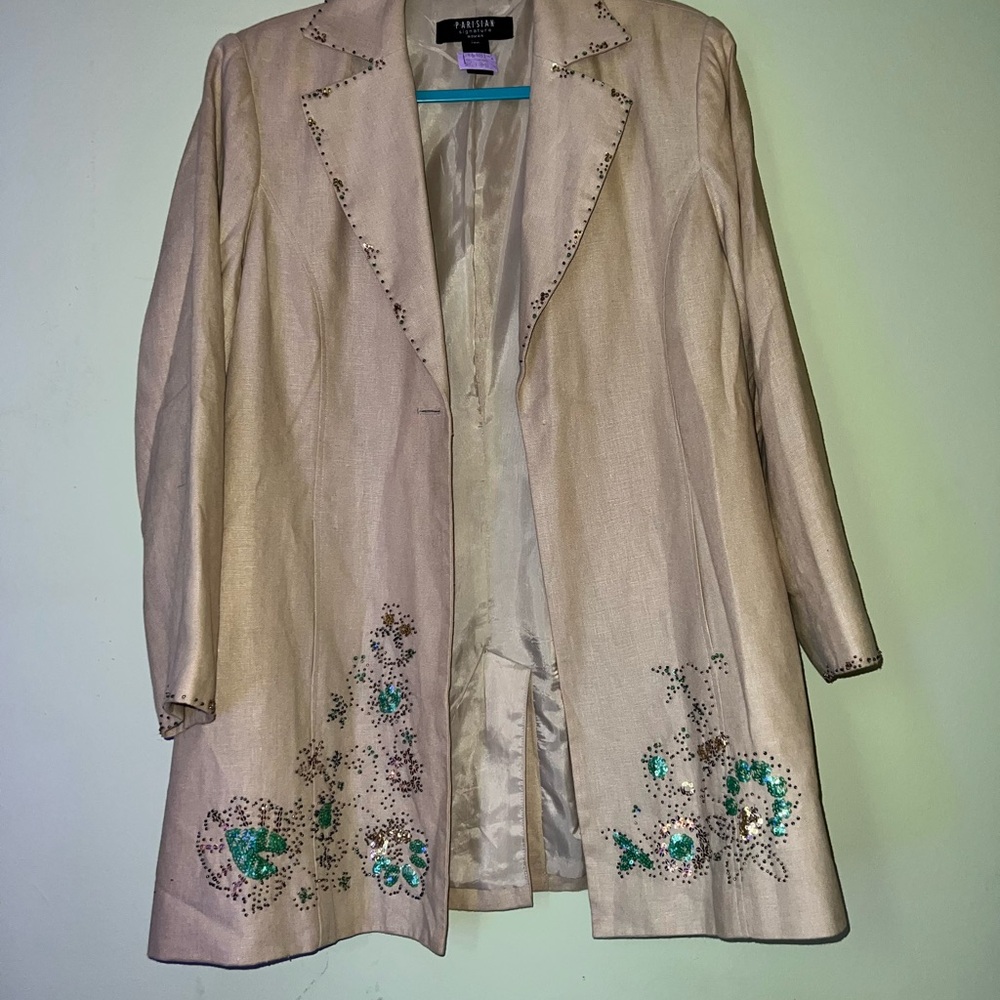 Parisian Works Tan Linen Blazer with Floral Embroidery